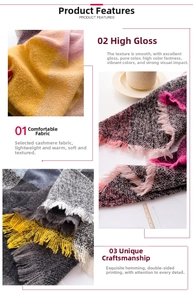 Detail of colorful plaid cashmere scarf showing soft texture and fine fringe tassels