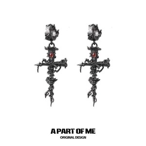 Gothic rose cross earrings with red zircon in dark silver finish for a vintage look