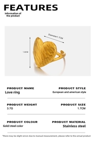 Technical size diagram of a 18K gold-plated stainless steel heart ring with textured finish