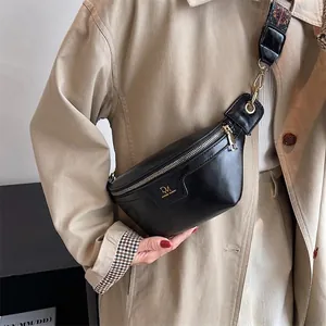 Minimalist black oil wax leather crossbody waist bag with vintage patterned strap