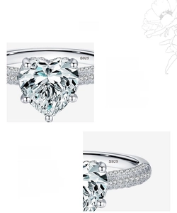 Detailed close-up of S925 sterling silver ring featuring heart-cut 5A grade zircon