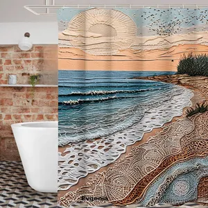 Detail of 3D textured beach wave shower curtain with embossed ocean and sky design