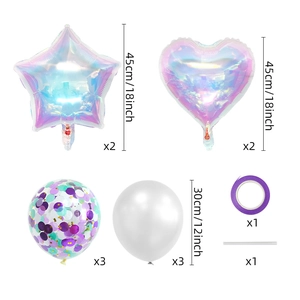 Detail of colorful butterfly balloon set with star and heart foil balloons and purple ribbon