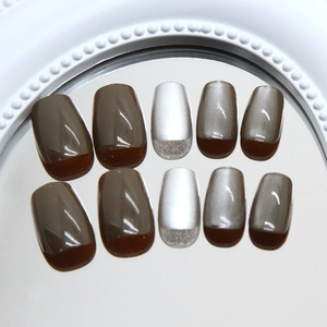 Handmade brown cat eye press-on nails with 10 pieces of olive brown and silver glitter