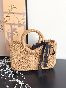 Women Straw Woven Handbag Black Lace Bow Summer Beach Vacation Round Handle Handmade Paper Rope Mini Basket Bag