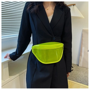 Detail showing neon yellow transparent PVC chest bag worn on black blazer for fashion contrast