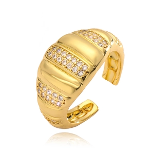 18K gold plated adjustable open ring featuring multi-row zircon pave in a geometric style