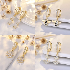 Zirconia Inlaid Copper Hoop Earrings For Women Elegant Heart Flower Evil Eye Crown Drop Earrings Fashion Jewelry Gift