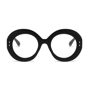 Oversized black round frame glasses with polished finish and gold rivet details