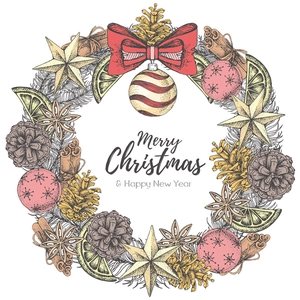 Retro hand-drawn Christmas pine wreath wall sticker with pine cones and red bows