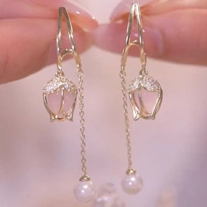 Pink Tulip Flower Drop Earrings Alloy Rhinestone Tassel With Artificial Pearl And 925 Sterling Silver Earring Post Elegant Women