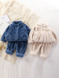 Toddler Kids Flannel Pajamas Set Warm Fleece Loungewear Zipper Jacket And Pants Sleepwear Soft Thick Solid Color