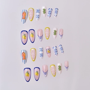 24pcs Blue Porcelain and Fruit 3D Floral Press-on Nails with Long Almond Shape