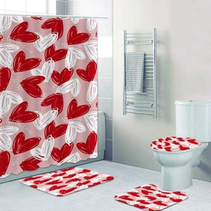 Detail view of heart-themed bathroom set with non-slip mats and waterproof shower curtain
