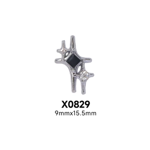 Detail of silver nail art charm with black square gem and clear zircon, size 9x15.5mm