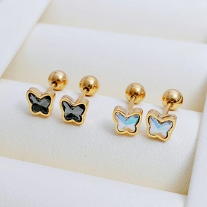 Sparkling butterfly titanium steel screw back earrings in gold finish and crystal stones