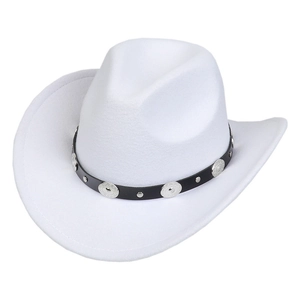Detailed view of white felt cowboy hat with black leatherette strap and silver studs