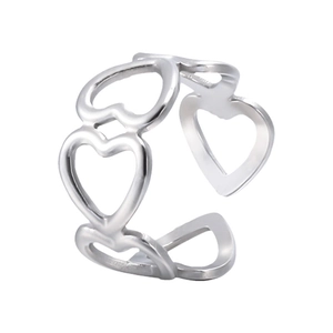 Polished silver stainless steel open ring with multiple hollow heart patterns