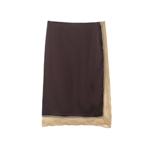 Deep brown satin midi skirt with elegant beige floral lace trim on a white background