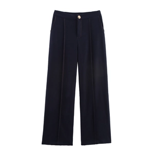 Detail of navy blue wide leg trousers with golden button and contrast stitching