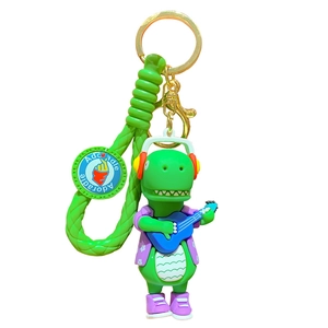 Cartoon dinosaur keychain with guitar and braided strap for bags and car keys