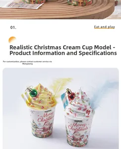 Macro detail of artificial Christmas ice cream cups with festive Santa Claus illustrations