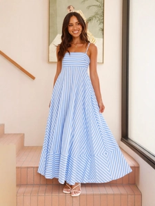 Summer striped backless maxi dress with thin straps and a flowing hem for women