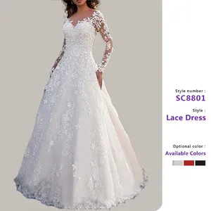 Elegant Lace Wedding Dress Long Sleeve V Neck Floral Embroidery Illusion Mesh Bridal Gown For Women