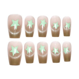 Green cat eye gradient press-on nails with star patterns in mid-length coffin shape
