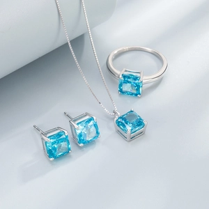 925 Sterling Silver Jewelry Set with Square Sky Blue Zirconia Necklace, Ring and Earrings