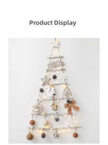 Macro shot of a wall-mounted wooden Christmas tree with LED lights and white ornaments