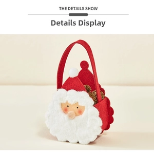 Detailed view of red felt Santa gift bag with soft faux fur beard and pine cone inside