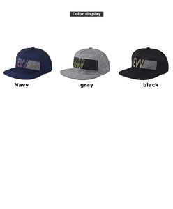 Detailed comparison of flat brim baseball caps in navy, gray, and black with NEW embroidery