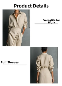 Detail view of beige commute set showing lantern sleeves and high-waist wrap skirt