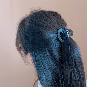 Blue transparent acetate hair claw clip worn by a model against a beige background