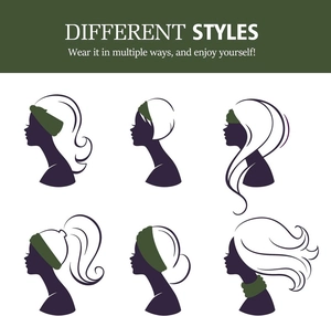 Deep green sports headband styling guide showing six versatile ways to wear for yoga