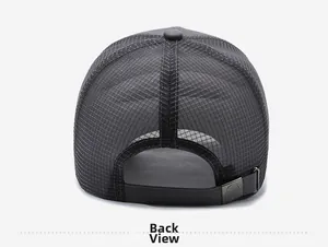 Detail view of the breathable mesh back and adjustable metal buckle on the baseball cap