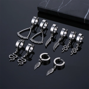 Stainless Steel Hoop Earrings Feather Snake Wing Triangle Pendant Retro Hip Hop Punk Style For Men Unisex