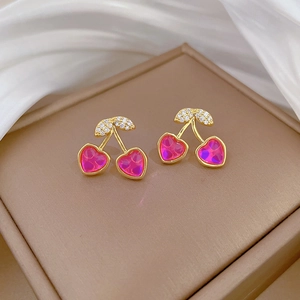 Titanium steel cherry jewelry set with colorful heart stones and micro-inlaid diamonds