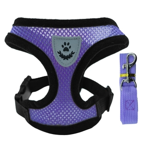 Detail view of purple breathable mesh pet harness and leash set with shield logo