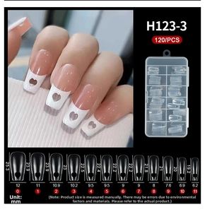 Size chart for coffin nails with heart cutout showing precise lengths and widths in mm