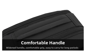Detail showing the reinforced wide handle and durable zippers on a black oxford bag