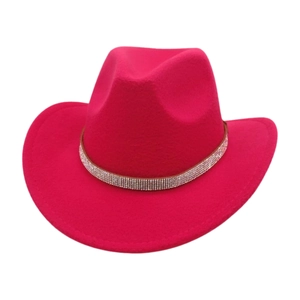 Detail of hot pink western cowboy hat featuring shimmering silver rhinestone crystal band