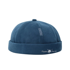 Retro navy blue canvas docker hat with Freedom & New Life embroidery and street style pattern