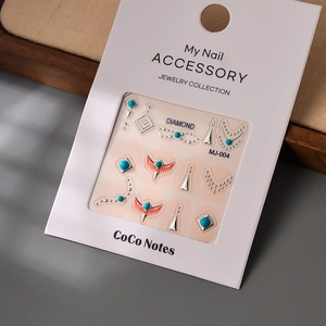 Retro turquoise nail art jewelry set with diamond-shaped metal studs MJ-004 in packaging
