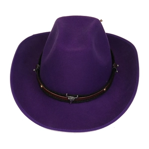 Detail of purple felt cowboy hat featuring metal bull head and leather decorative band