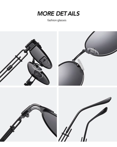 Detail view of steampunk metal sunglasses showing hinge, nose pads, and hollowed temples