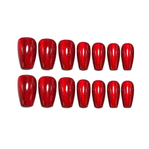 Long trapezoid press-on nails in glitter cherry red cat-eye finish with 30 pieces set