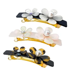 Women Vintage Acetate Flower Hair Clip Elegant Artificial Pearl Rhinestone Spring Hairpin Hair Accessory For Daily Outing Party