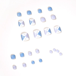Morandi light blue and white press-on toenails with plaid patterns and glitter lines